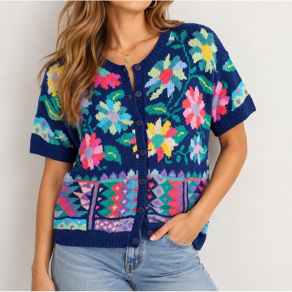 Vintage Northern Isles Hand Knit Floral Cardigan Ramie Cotton 90s Cottagecore